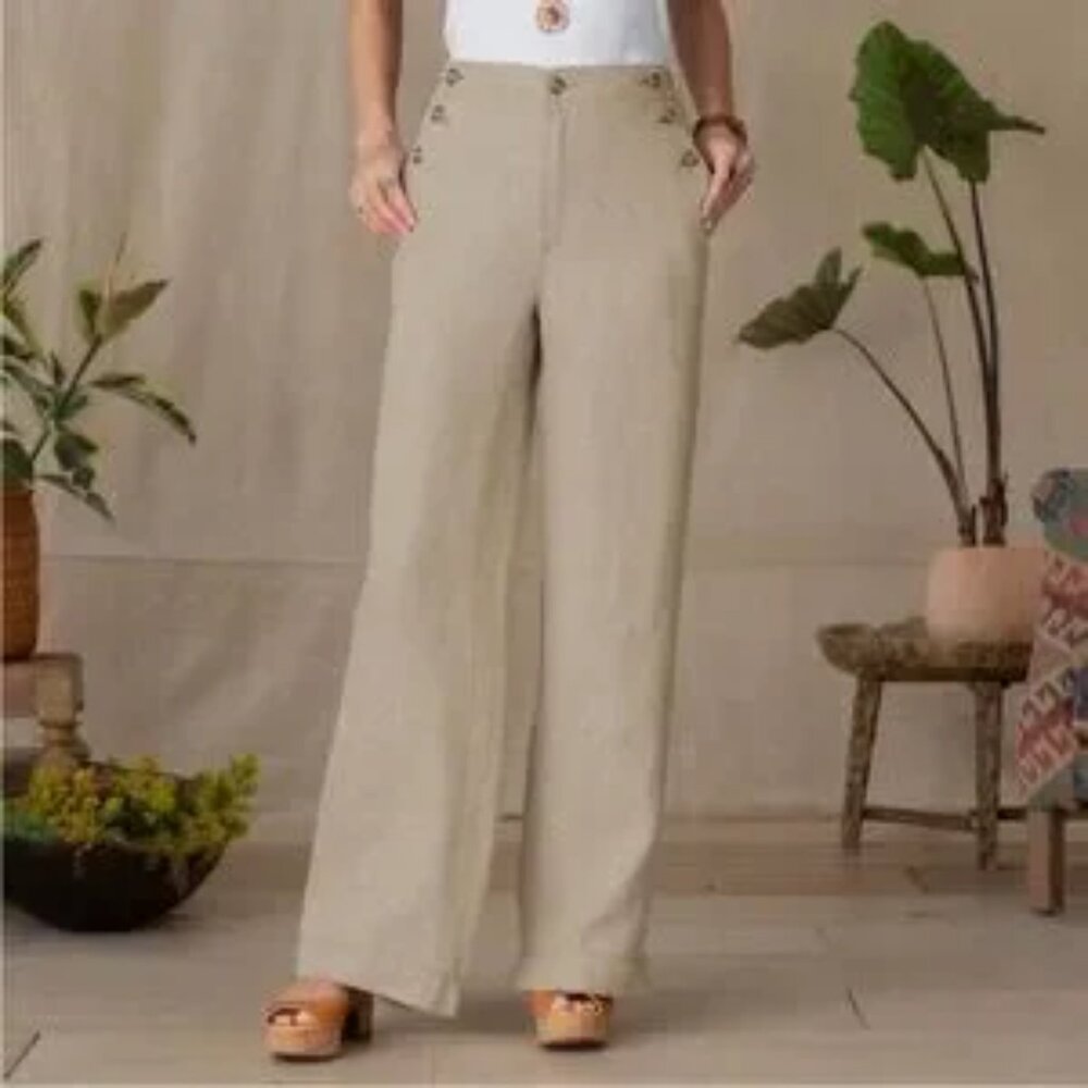 Sundance Linen Trouser Pants 10P High Waist Tan Lagenlook Coastal Neutral Casual